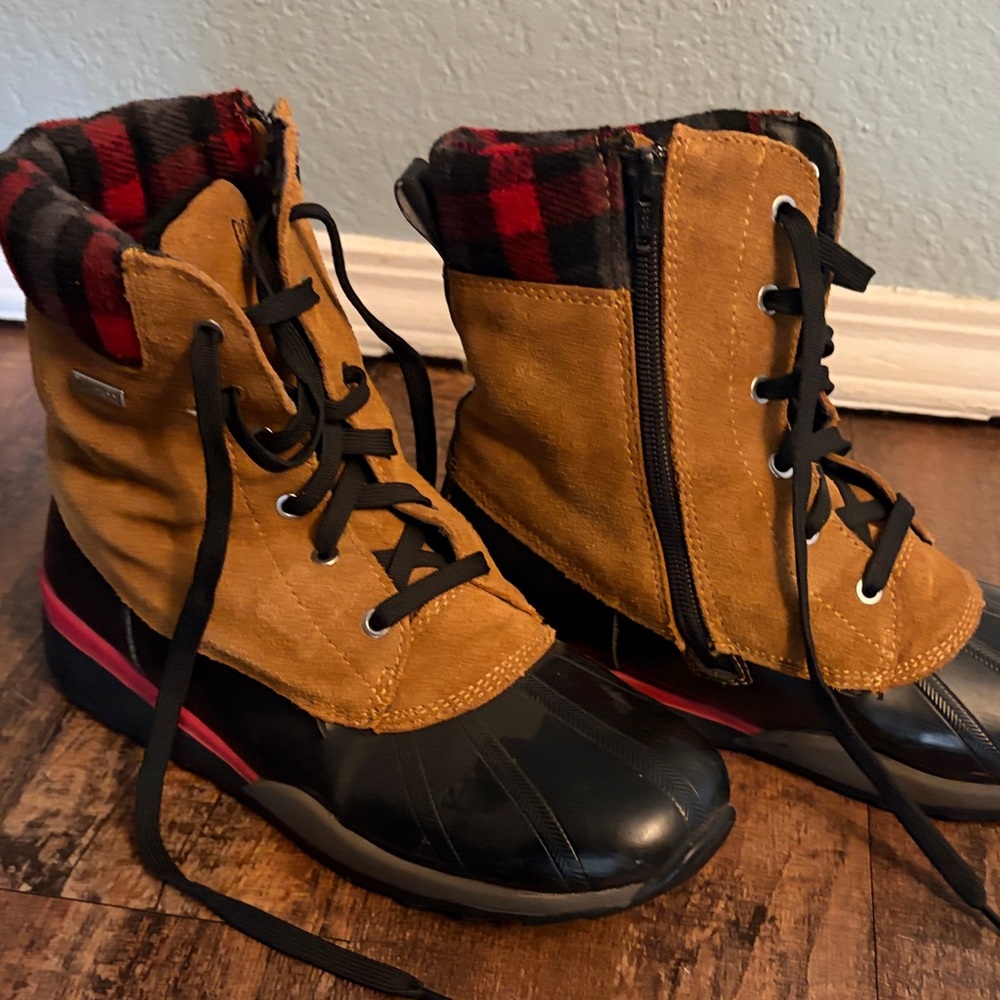 Super Cute Tan Suede Duck Boots with Black Soles and Red Plaid Lining. 8M